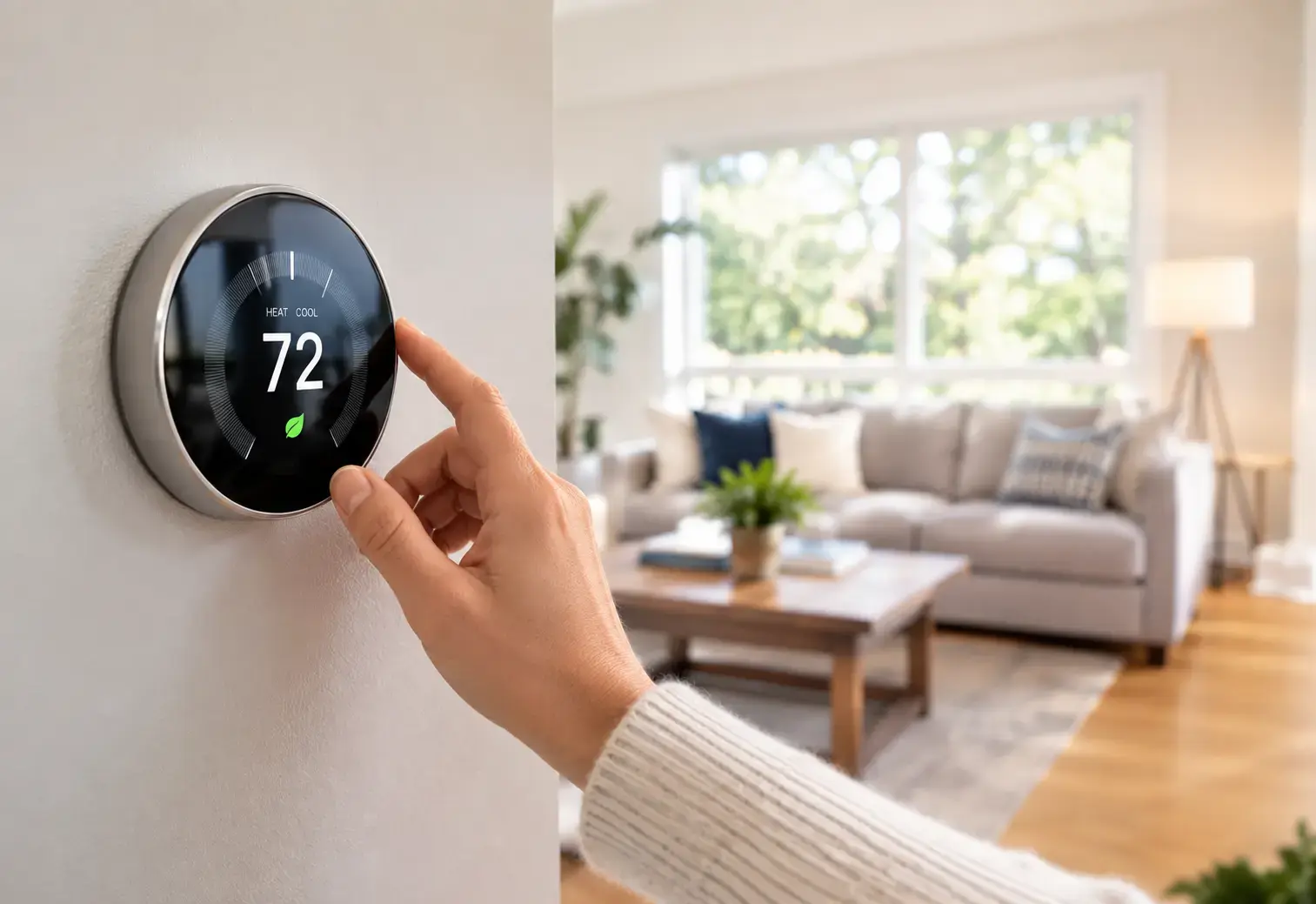 A hand adjusting a smart thermostat to 72 degrees in a bright, tidy living room